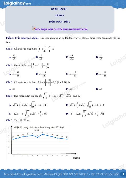 Đề thi học kì 1 Toán 7 - Đề số 9 - Kết nối tri thức